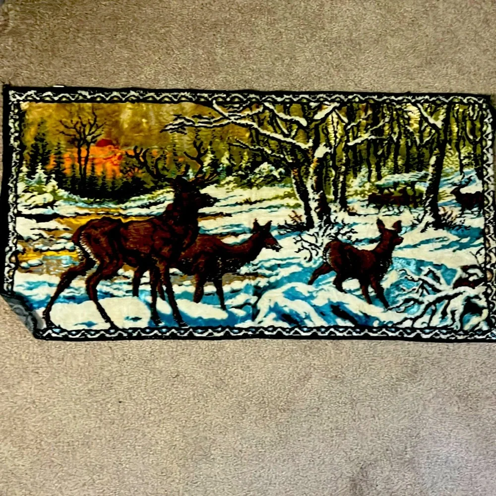Vintage 70s B.M.S. Deers Winter Woods Velvet Tapestry